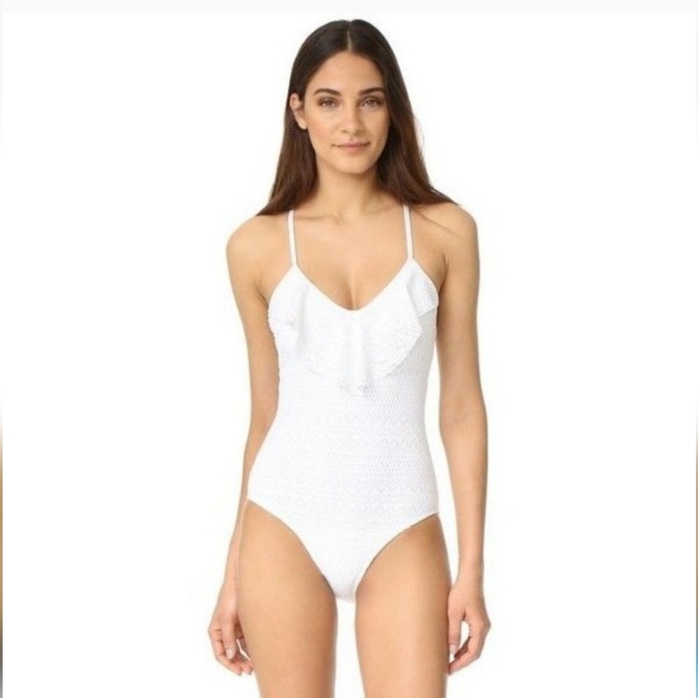 Shoshanna Swimwear White Ruffle Maillot Eyelet One-Piece Swimsuit